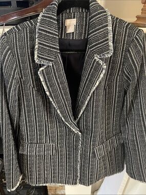 Chico's Navy and White Striped Fringe-Trim Blazer SZ 2 EUC